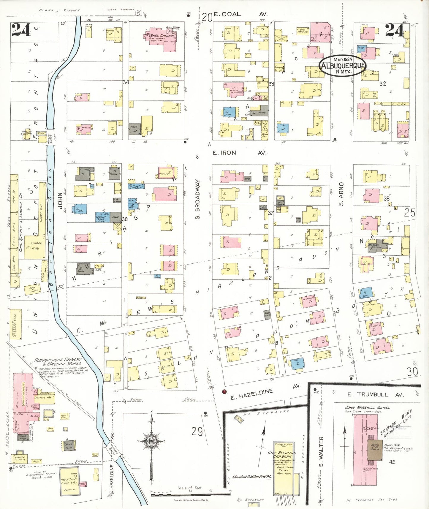 Sanborn Fire Insurance Map from Albuquerque, Bernalillo County, New Mexico (1924), Sheet #0024 - Historic Sanborn Fire Insurance Map Print, vintage old map wall art, antique decor, genealogy gift, New Mexico New Mexico map