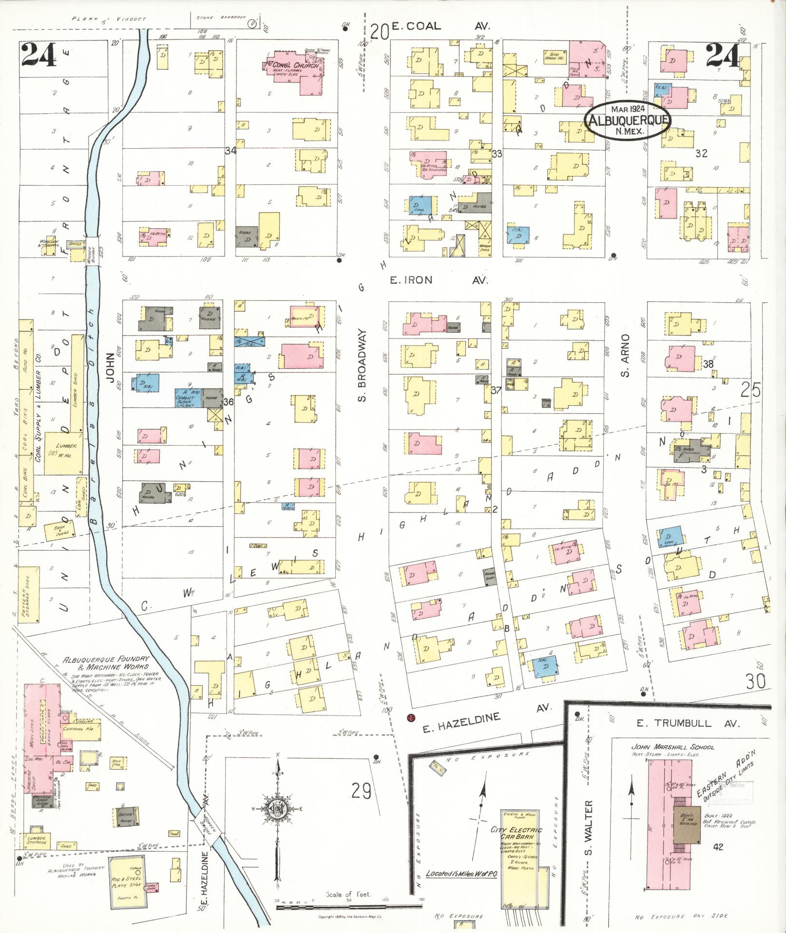 Sanborn Fire Insurance Map from Albuquerque, Bernalillo County, New Mexico (1924), Sheet #0024 - Historic Sanborn Fire Insurance Map Print, vintage old map wall art, antique decor, genealogy gift, New Mexico New Mexico map