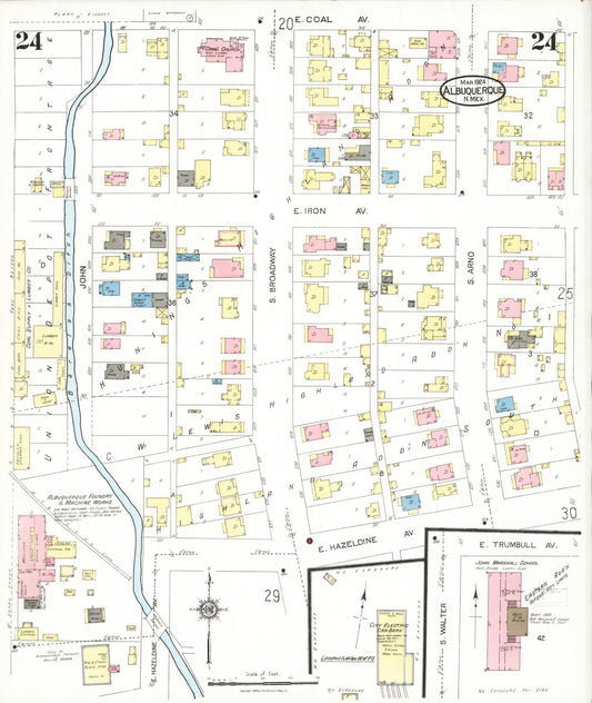 Sanborn Fire Insurance Map from Albuquerque, Bernalillo County, New Mexico (1924), Sheet #0024 - Historic Sanborn Fire Insurance Map Print, vintage old map wall art, antique decor, genealogy gift, New Mexico New Mexico map