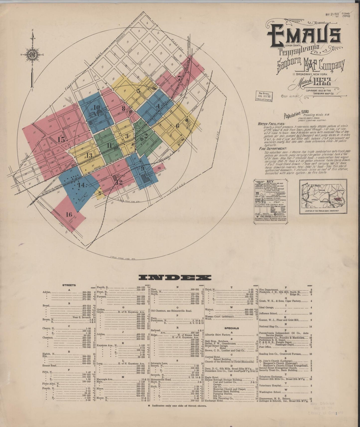 Sanborn Fire Insurance Map from Emaus, Lehigh County, Pennsylvania (1922), Sheet #0001 - Historic Sanborn Fire Insurance Map Print, vintage old map wall art, antique decor, genealogy gift, Pennsylvania Pennsylvania map
