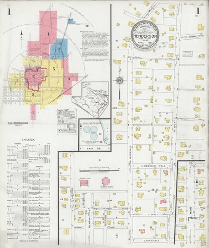 Sanborn Fire Insurance Map from Henderson, Rusk County, Texas (1927), Sheet #0001 - Complete Map Set gallery image, historic Sanborn map, vintage wall art, Texas Texas