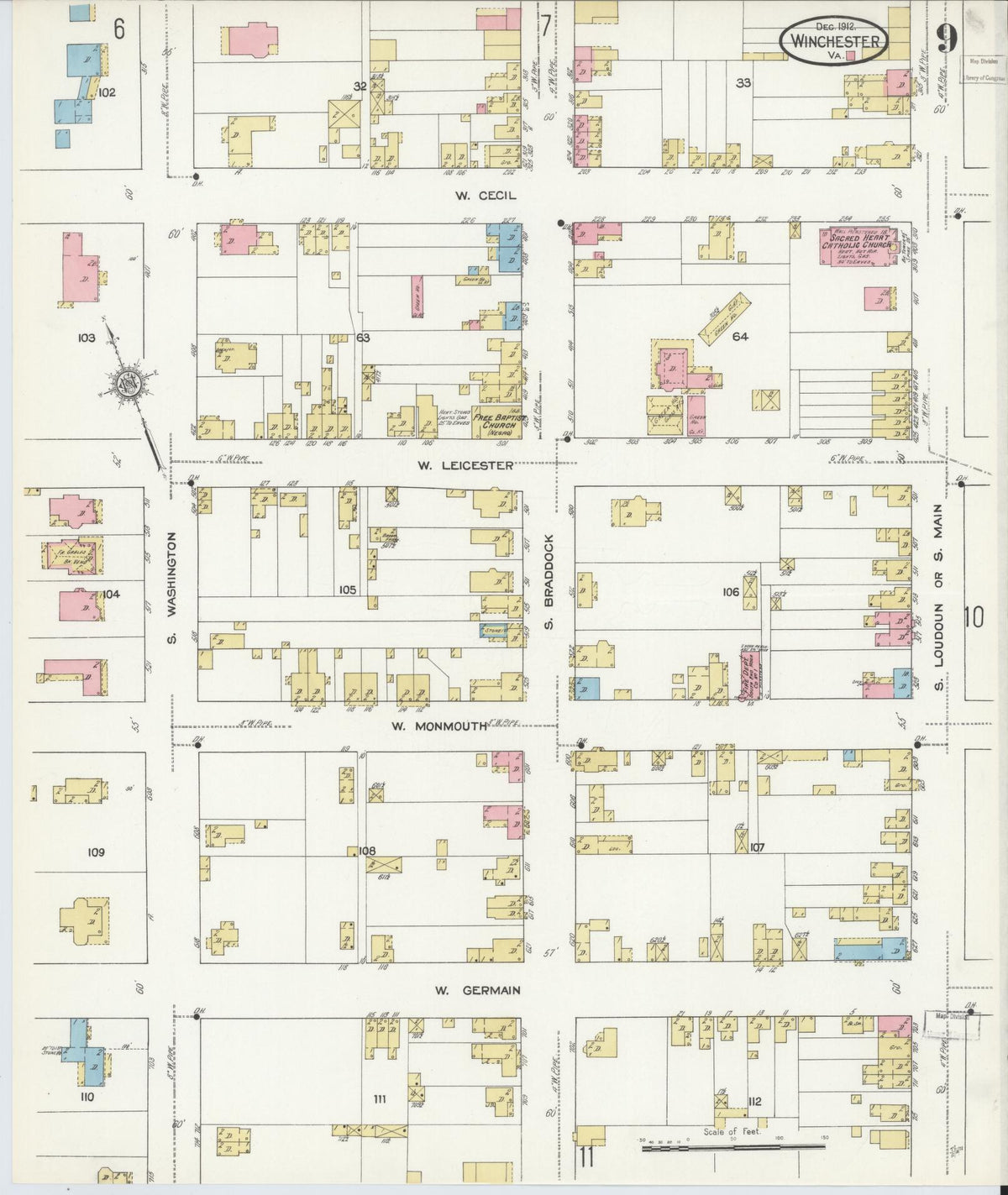 Sanborn Fire Insurance Map from Winchester, Independent Cities, Virginia (1912), Sheet #0009 - Complete Map Set gallery image, historic Sanborn map, vintage wall art, Virginia Virginia