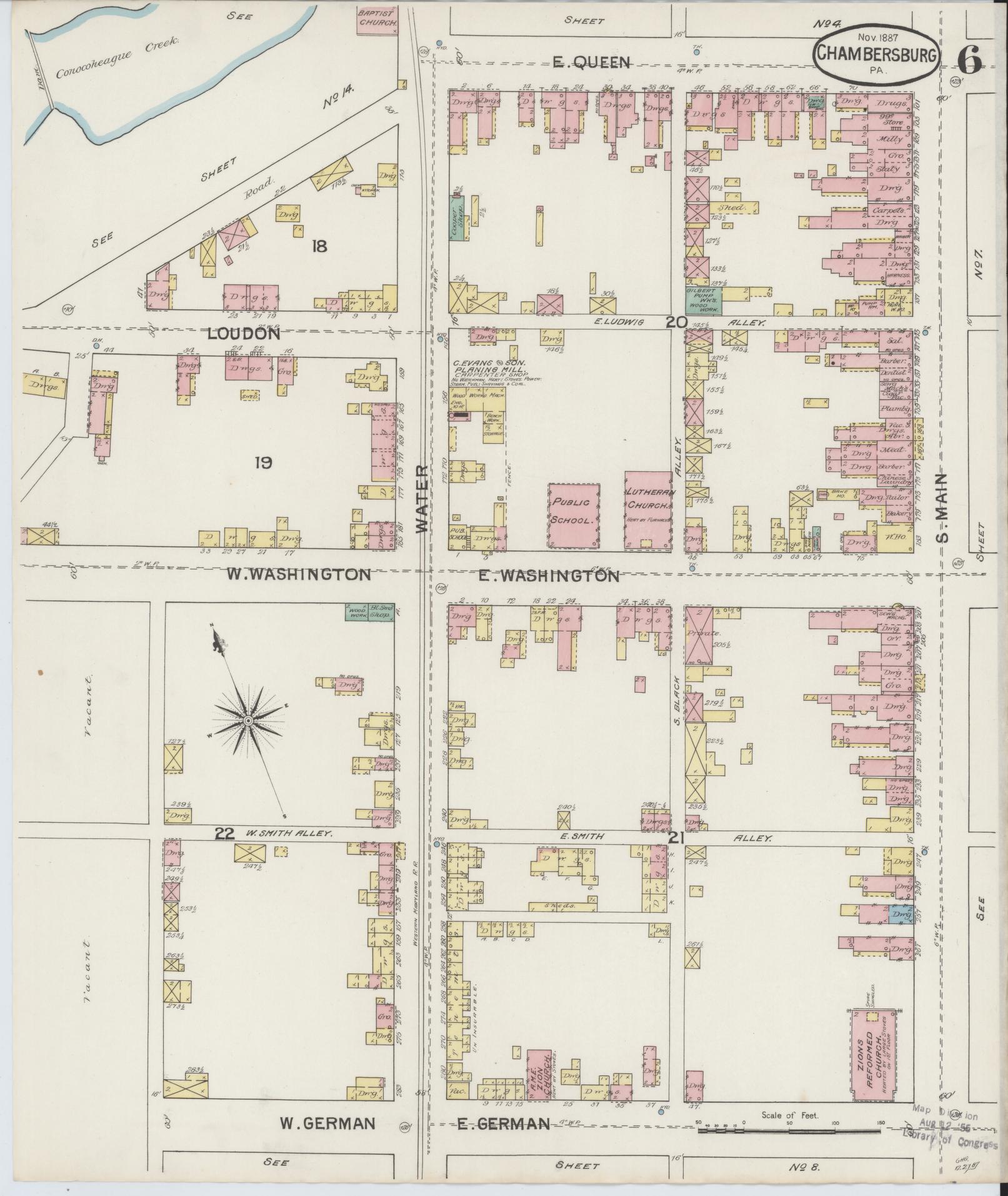 Sanborn Fire Insurance Map from Chambersburg, Franklin County, Pennsylvania (1887), Sheet #0006 - Historic Sanborn Fire Insurance Map Print, vintage old map wall art, antique decor, genealogy gift, Pennsylvania Pennsylvania map