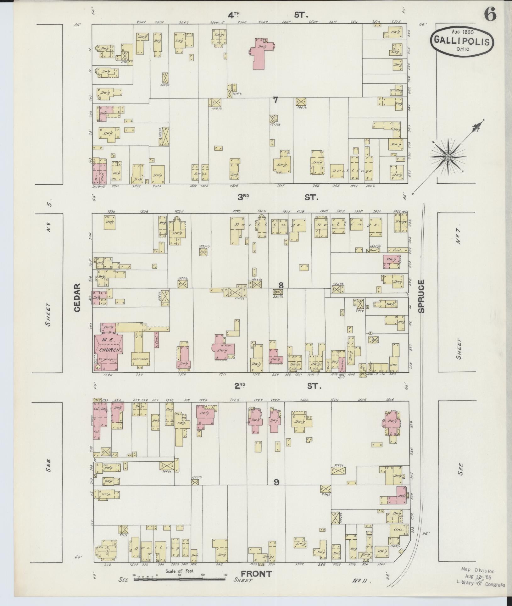 Sanborn Fire Insurance Map from Gallipolis, Gallia County, Ohio (1890), Sheet #0006 - Historic Sanborn Fire Insurance Map Print, vintage old map wall art, antique decor, genealogy gift, Ohio Ohio map