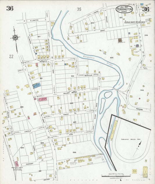 Sanborn Fire Insurance Map from Torrington, Litchfield County, Connecticut (1924), Sheet #0036 - Historic Sanborn Fire Insurance Map Print, vintage old map wall art, antique decor, genealogy gift, Connecticut Connecticut map