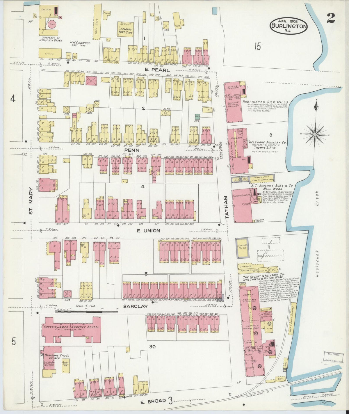 Sanborn Fire Insurance Map from Burlington, Burlington County, New Jersey (1908), Sheet #0001 - Historic Sanborn Fire Insurance Map Print, vintage old map wall art, antique decor, genealogy gift, New Jersey New Jersey map