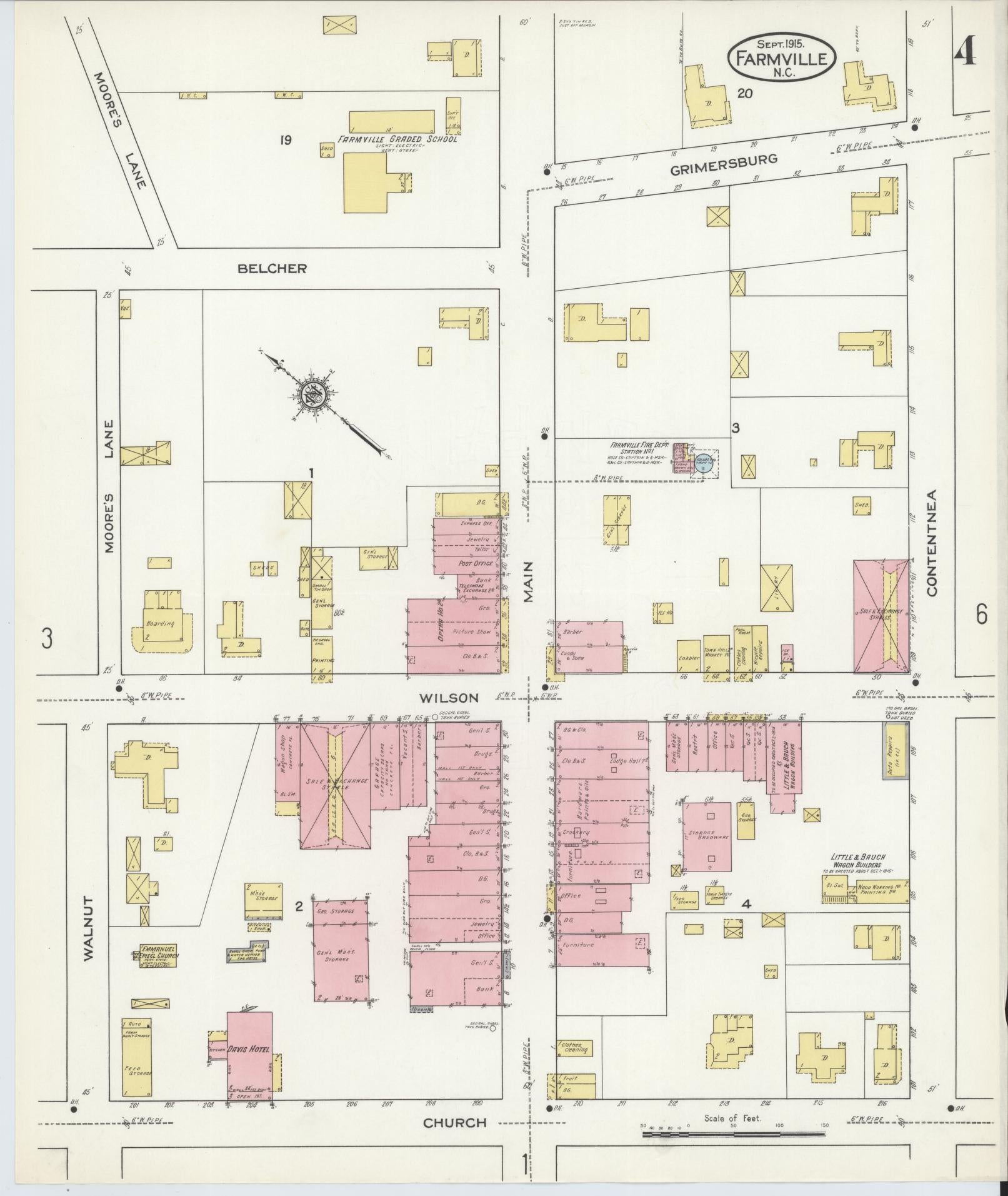Sanborn Fire Insurance Map from Farmville, Pitt County, North Carolina (1915), Sheet #0004 - Historic Sanborn Fire Insurance Map Print, vintage old map wall art, antique decor, genealogy gift, North Carolina North Carolina map