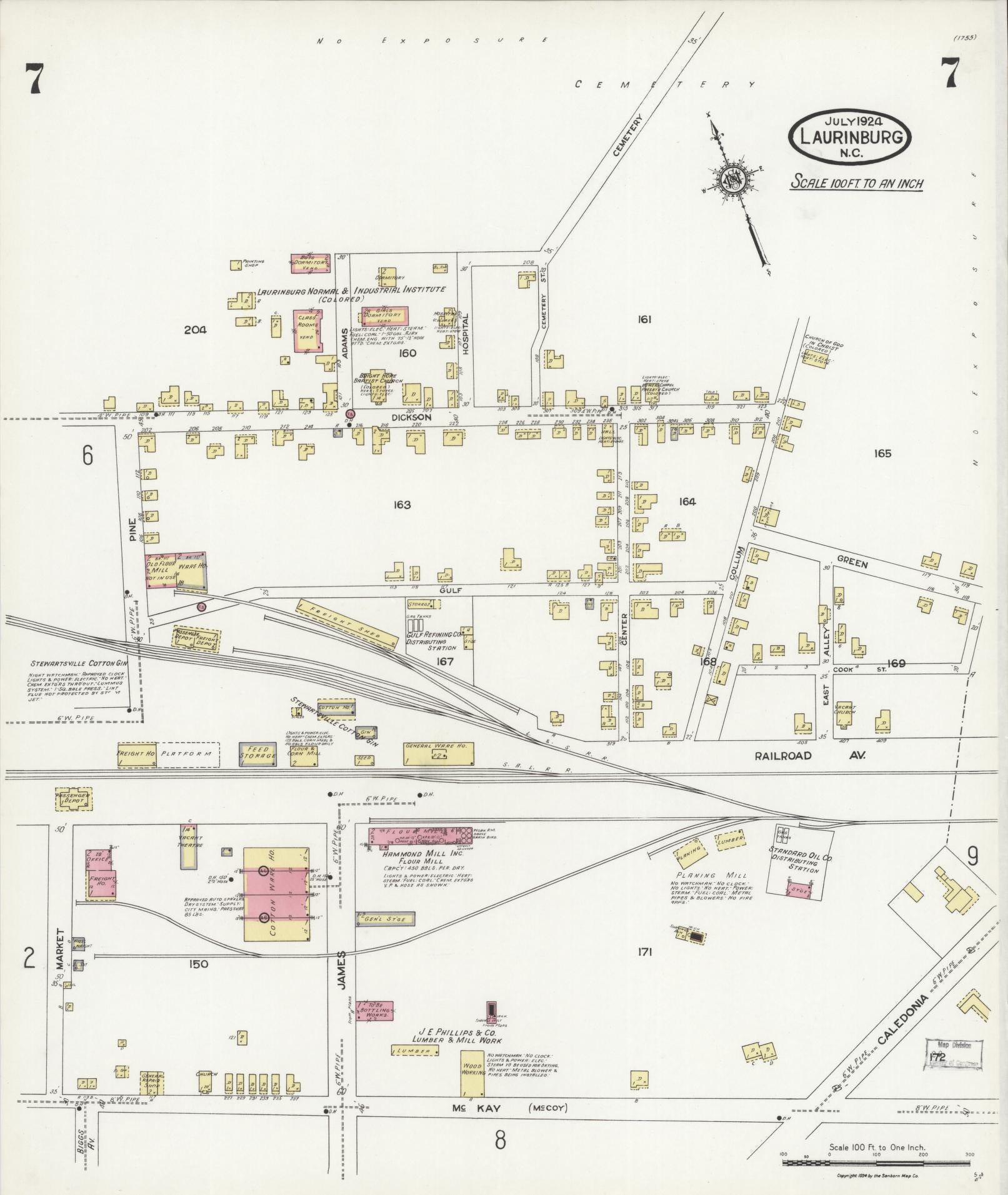 Sanborn Fire Insurance Map from Laurinburg, Scotland County, North Carolina (1924), Sheet #0007 - Complete Map Set gallery image, historic Sanborn map, vintage wall art, North Carolina North Carolina
