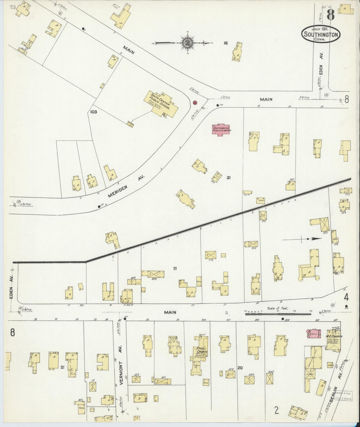 Sanborn Fire Insurance Map from Southington, Hartford County, Connecticut (1911), Sheet #0008 - Historic Sanborn Fire Insurance Map Print, vintage old map wall art, antique decor, genealogy gift, Connecticut Connecticut map