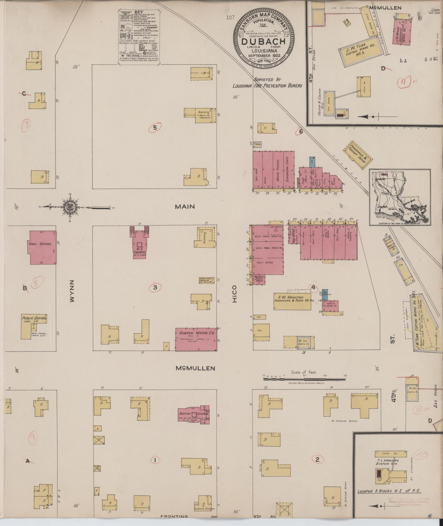 Sanborn Fire Insurance Map from Dubach, Lincoln Parish, Louisiana (1922), Sheet #0001 - Historic Sanborn Fire Insurance Map Print, vintage old map wall art, antique decor, genealogy gift, Louisiana Louisiana map
