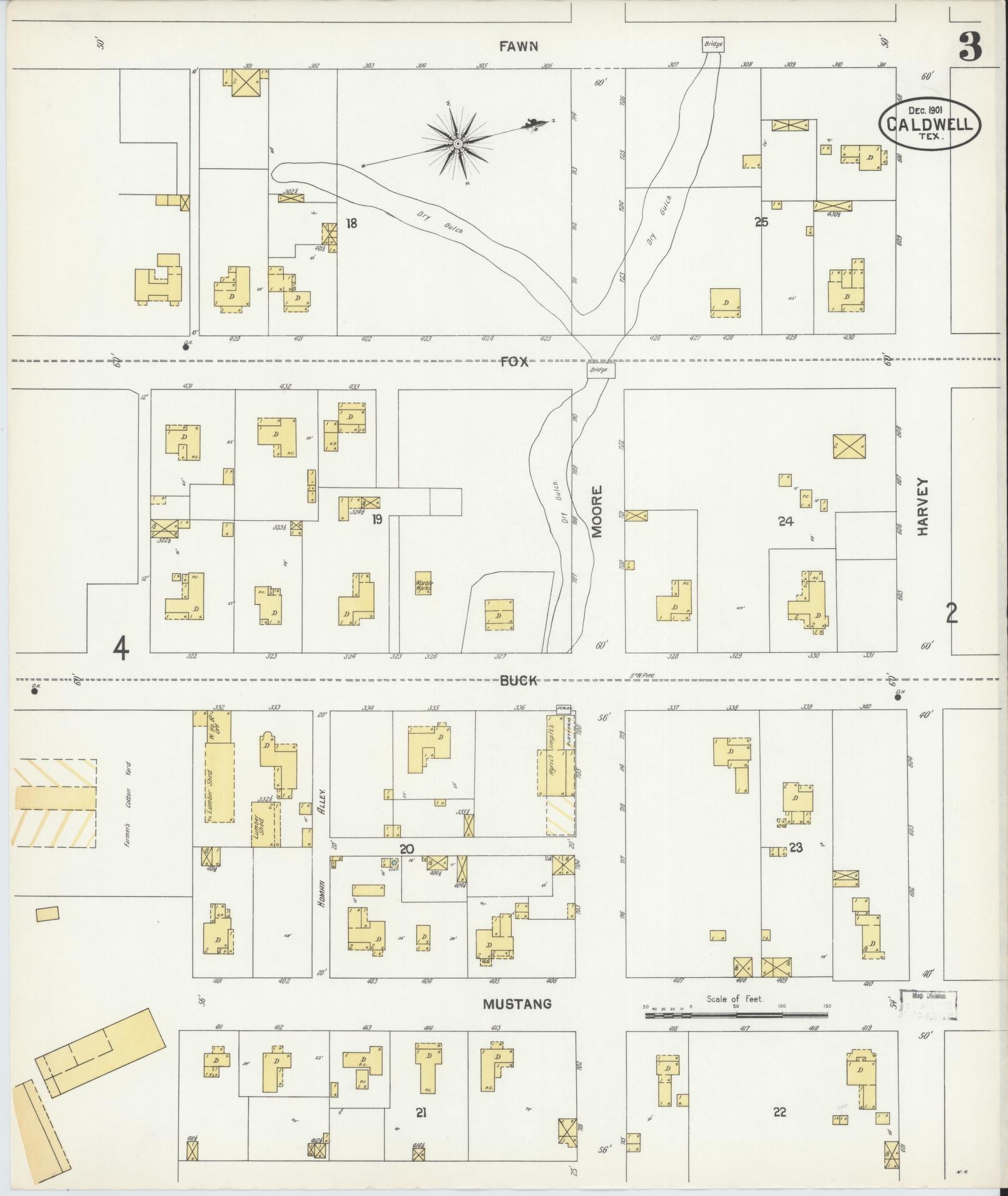 Sanborn Fire Insurance Map from Caldwell, Burleson County, Texas (1901), Sheet #0003 - Historic Sanborn Fire Insurance Map Print, vintage old map wall art, antique decor, genealogy gift, Texas Texas map