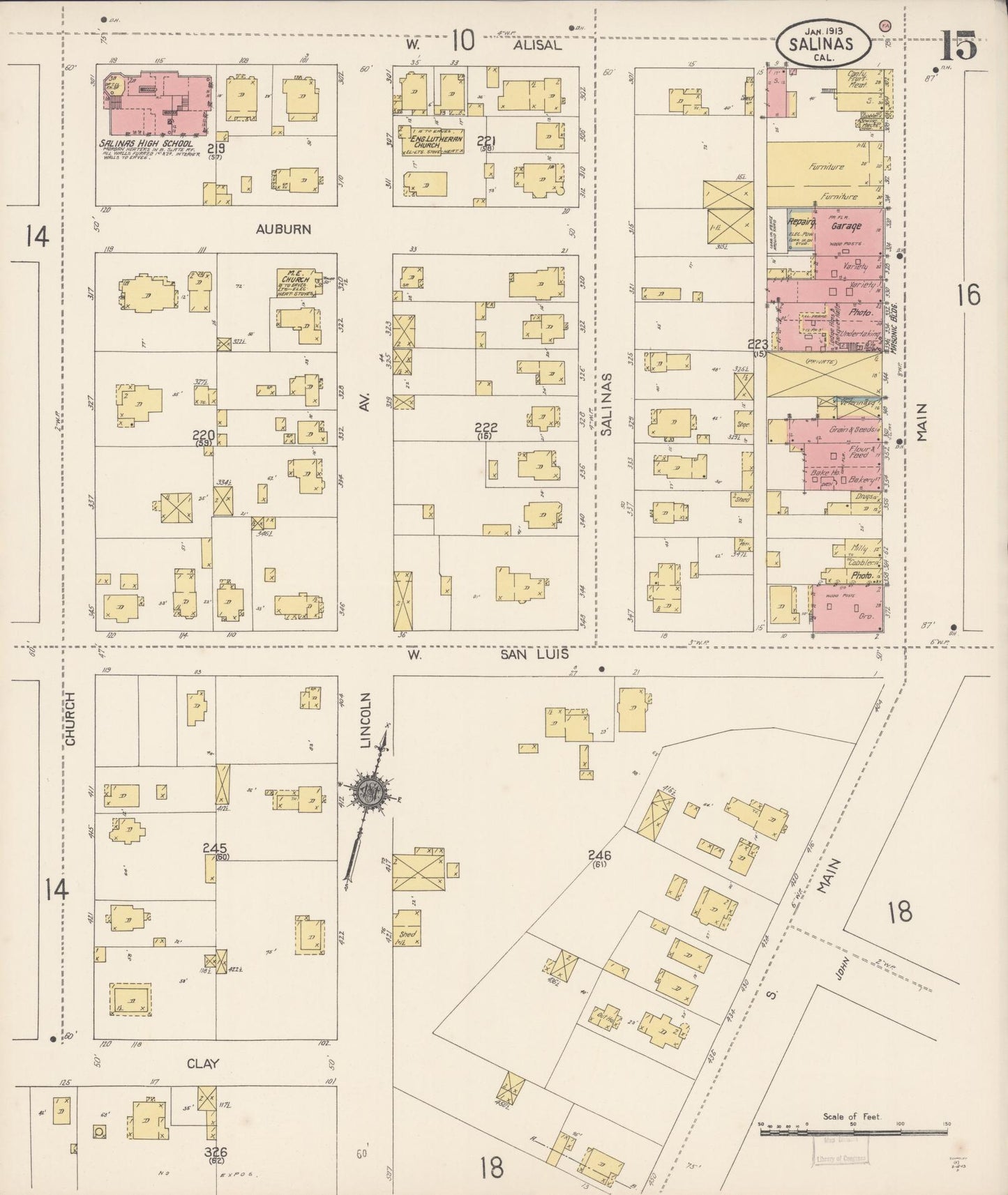 Sanborn Fire Insurance Map from Salinas, Monterey County, California (1913), Sheet #0015 - Complete Map Set gallery image, historic Sanborn map, vintage wall art, California California