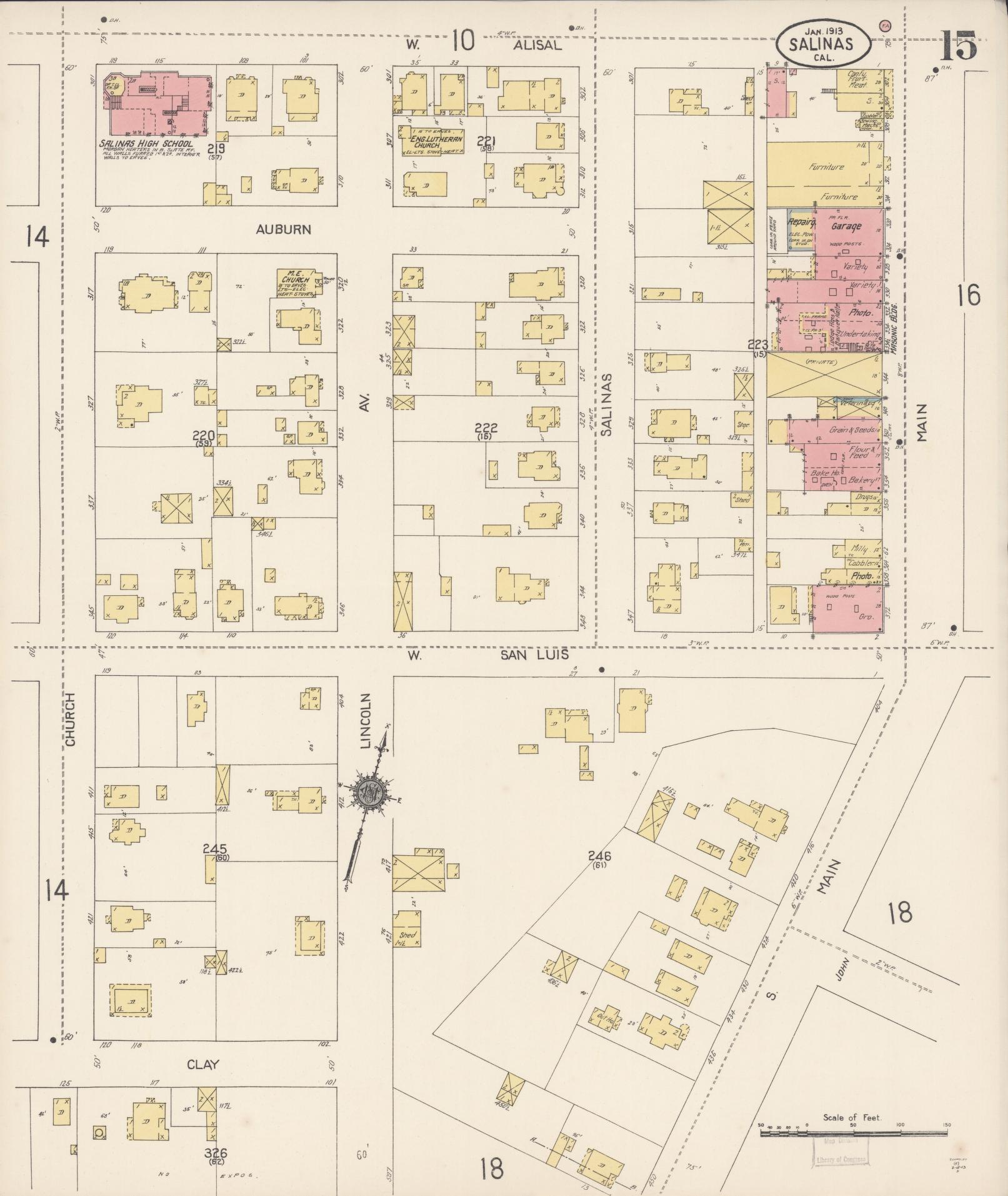 Sanborn Fire Insurance Map from Salinas, Monterey County, California (1913), Sheet #0015 - Complete Map Set gallery image, historic Sanborn map, vintage wall art, California California