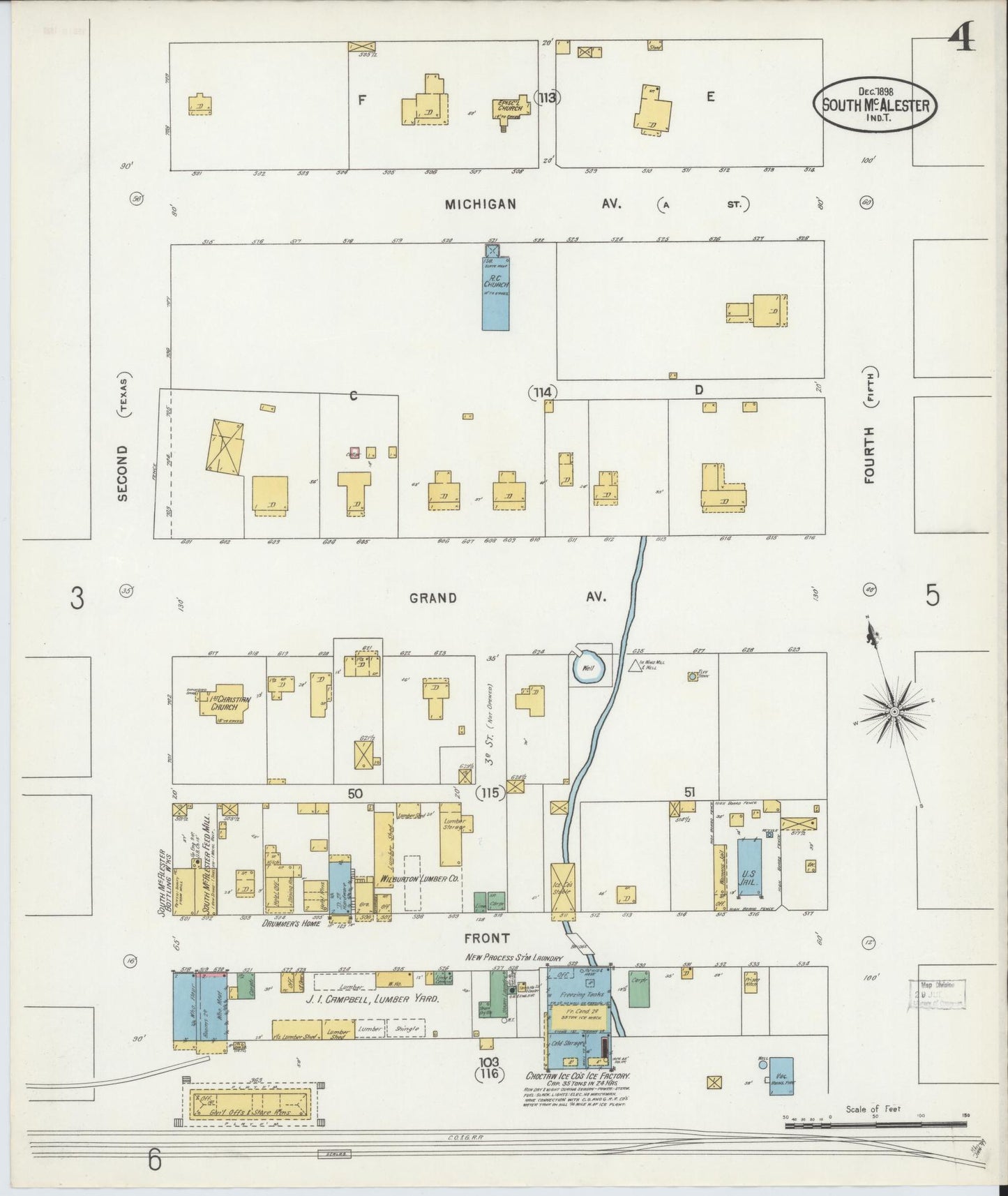 Sanborn Fire Insurance Map from South McAlester, Pittsburg County, Oklahoma (1898), Sheet #0004 - Historic Sanborn Fire Insurance Map Print, vintage old map wall art, antique decor, genealogy gift, Oklahoma Oklahoma map