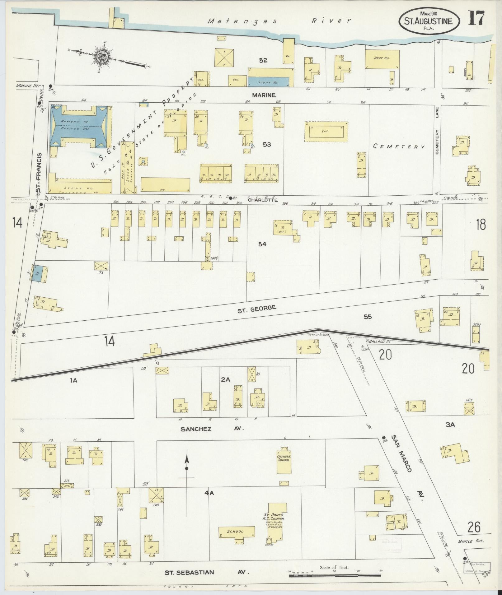 Sanborn Fire Insurance Map from Saint Augustine, Saint John's County, Florida (1910), Sheet #0017 - Historic Sanborn Fire Insurance Map Print, vintage old map wall art, antique decor, genealogy gift, Florida Florida map