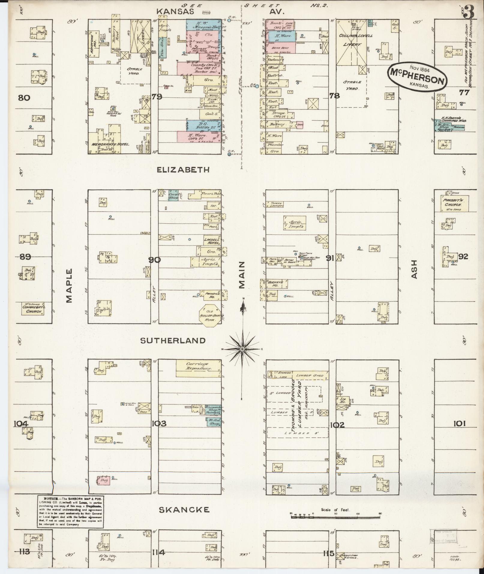Sanborn Fire Insurance Map from Mcpherson, Mcpherson County, Kansas (1884), Sheet #0003 - Complete Map Set gallery image, historic Sanborn map, vintage wall art, Kansas Kansas