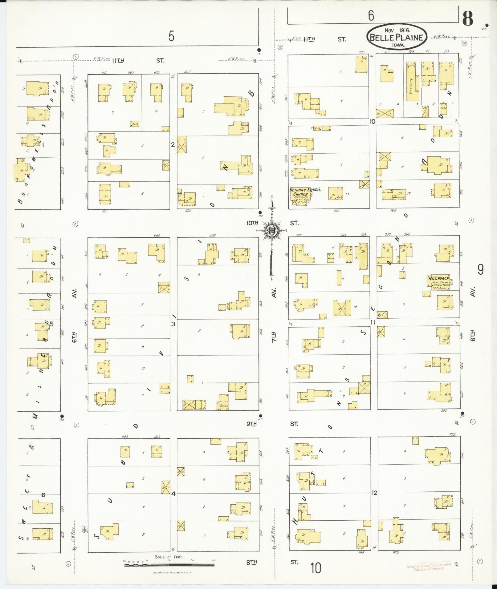 Sanborn Fire Insurance Map from Belle Plaine, Benton County, Iowa (1916), Sheet #0008 - Historic Sanborn Fire Insurance Map Print, vintage old map wall art
