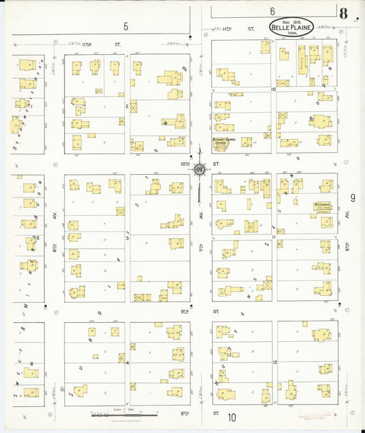 Sanborn Fire Insurance Map from Belle Plaine, Benton County, Iowa (1916), Sheet #0008 - Historic Sanborn Fire Insurance Map Print, vintage old map wall art