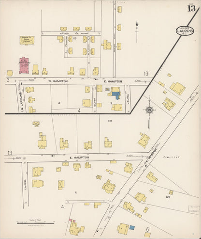 Sanborn Fire Insurance Map from Laurens, Laurens County, South Carolina (1922), Sheet #0013 - Complete Map Set gallery image, historic Sanborn map, vintage wall art, South Carolina South Carolina