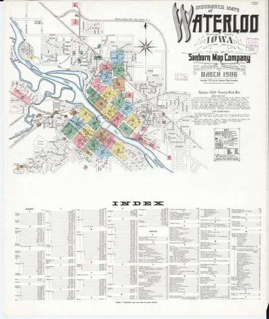 Sanborn Fire Insurance Map from Waterloo, Black Hawk County, Iowa (1906), Sheet #0001 - Historic Sanborn Fire Insurance Map Print, vintage old map wall art