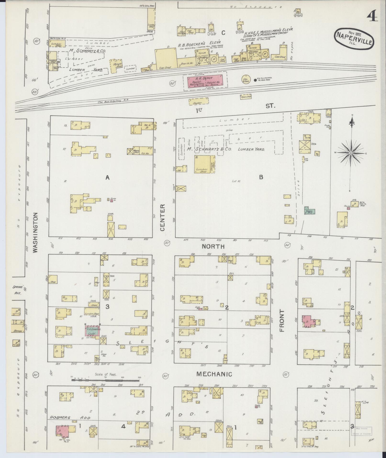 Sanborn Fire Insurance Map from Naperville, Du Page County, Illinois (1892), Sheet #0004 - Complete Map Set gallery image, historic Sanborn map, vintage wall art, Illinois Illinois