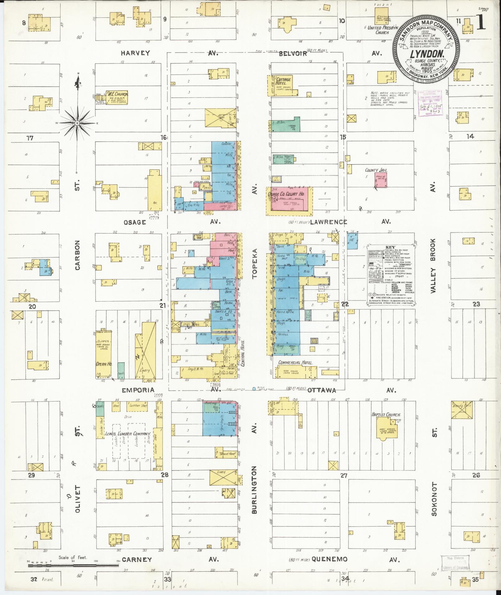 Sanborn Fire Insurance Map from Lyndon, Osage County, Kansas (1905), Sheet #0001 - Complete Map Set gallery image, historic Sanborn map, vintage wall art, Kansas Kansas