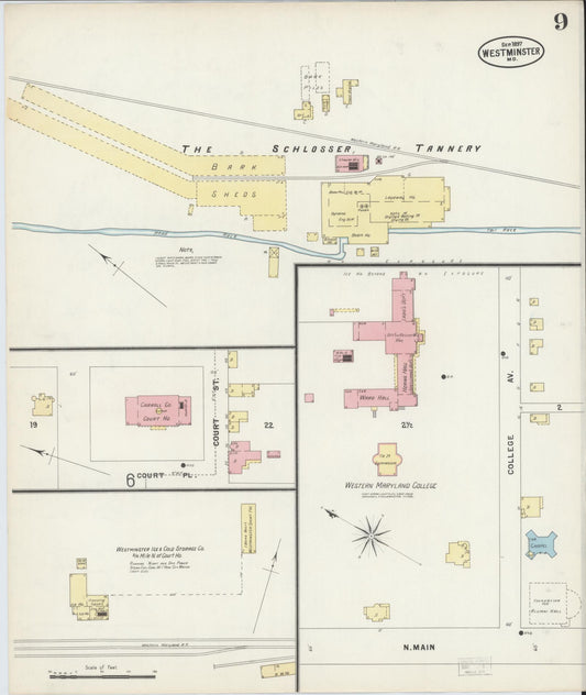 Sanborn Fire Insurance Map from Westminster, Carroll County, Maryland (1897), Sheet #0009 - Historic Sanborn Fire Insurance Map Print, vintage old map wall art, antique decor, genealogy gift, Maryland Maryland map