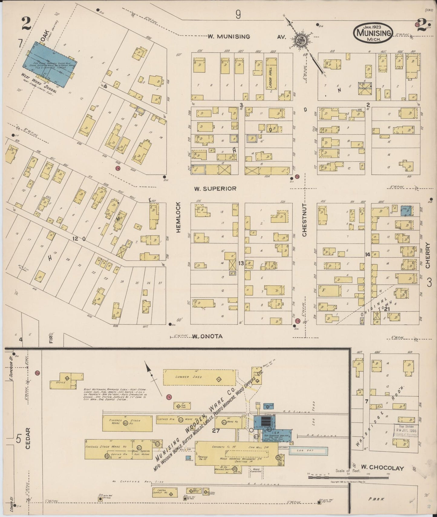 Sanborn Fire Insurance Map from Munising, Alger County, Michigan (1923), Sheet #0002 - Historic Sanborn Fire Insurance Map Print, vintage old map wall art, antique decor, genealogy gift, Michigan Michigan map