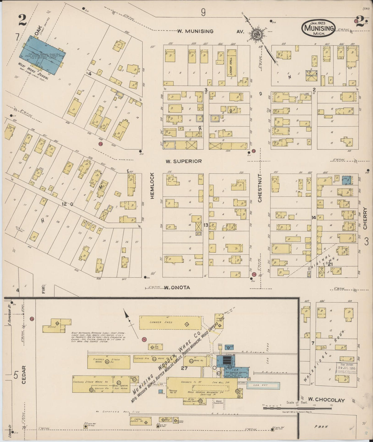 Sanborn Fire Insurance Map from Munising, Alger County, Michigan (1923), Sheet #0002 - Historic Sanborn Fire Insurance Map Print, vintage old map wall art, antique decor, genealogy gift, Michigan Michigan map