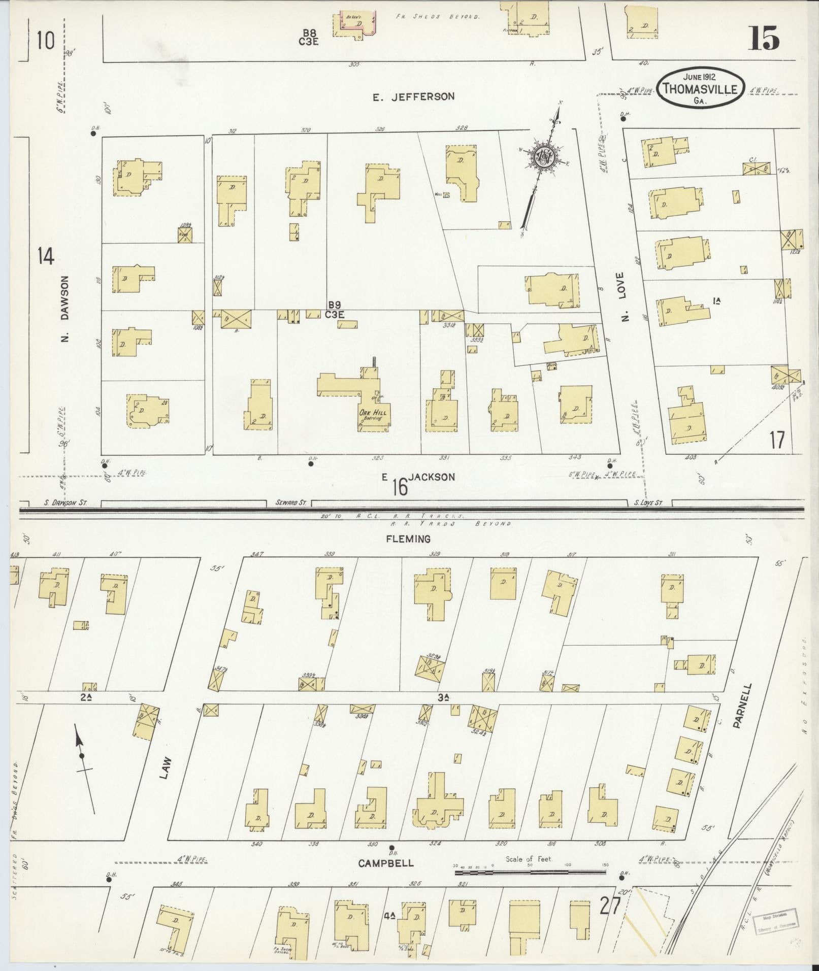 Sanborn Fire Insurance Map from Thomasville, Thomas County, Georgia (1912), Sheet #0015 - Historic Sanborn Fire Insurance Map Print, vintage old map wall art, antique decor, genealogy gift, Georgia Georgia map
