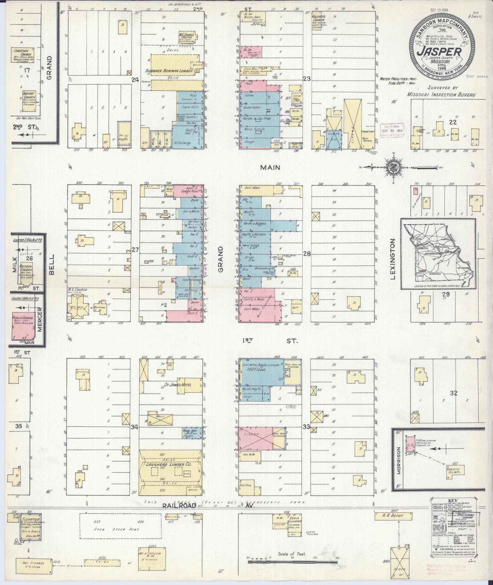 Sanborn Fire Insurance Map from Jasper, Jasper County, Missouri (1914), Sheet #0001 - Historic Sanborn Fire Insurance Map Print, vintage old map wall art, antique decor, genealogy gift, Missouri Missouri map