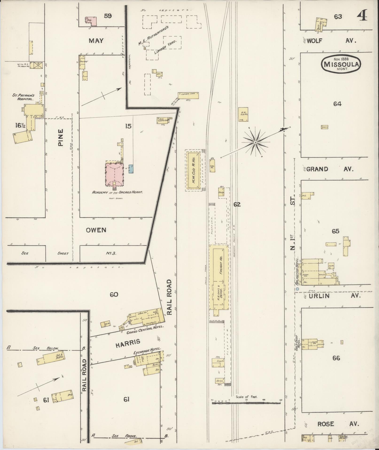 Sanborn Fire Insurance Map from Missoula, Missoula County, Montana (1888), Sheet #0004 - Historic Sanborn Fire Insurance Map Print, vintage old map wall art, antique decor, genealogy gift, Montana Montana map