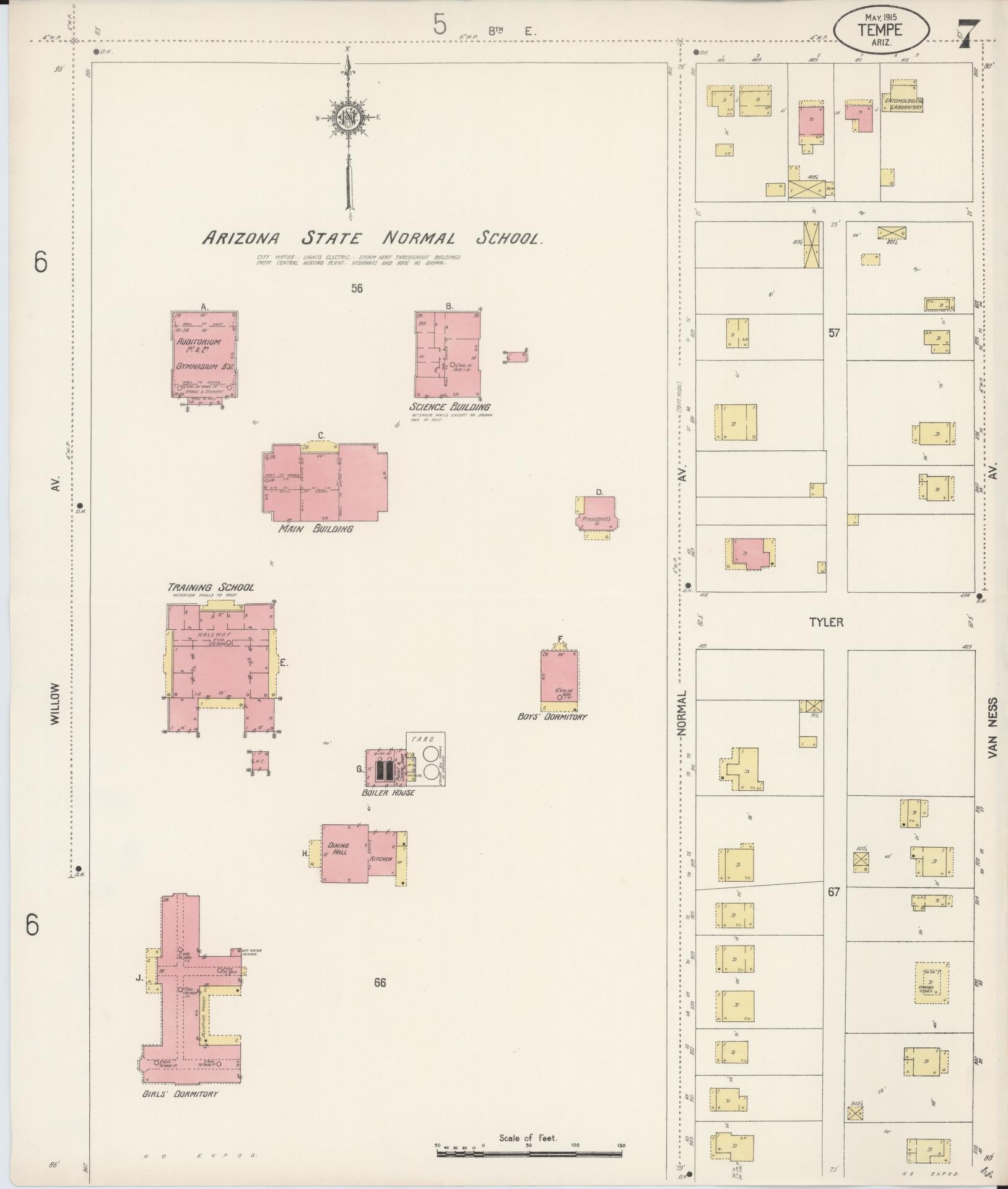 Sanborn Fire Insurance Map from Tempe, Maricopa County, Arizona (1915), Sheet #0007 - Historic Sanborn Fire Insurance Map Print, vintage old map wall art, antique decor, genealogy gift, Arizona Arizona map