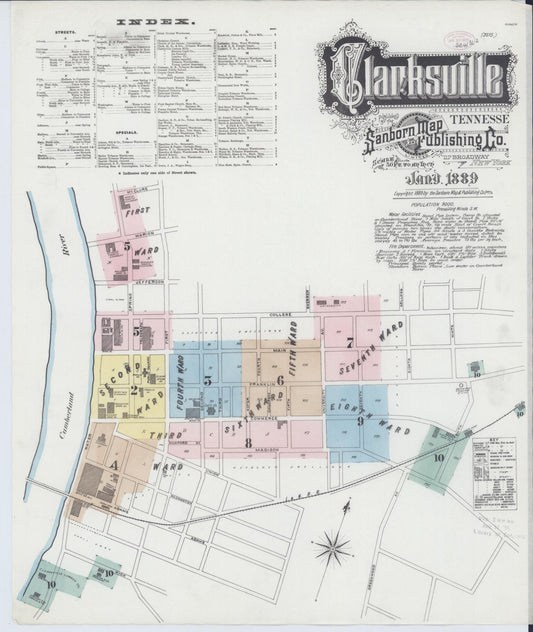 Sanborn Fire Insurance Map from Clarksville, Montgomery County, Tennessee (1889), Sheet #0001 - Historic Sanborn Fire Insurance Map Print, vintage old map wall art, antique decor, genealogy gift, Tennessee Tennessee map