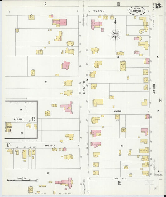 Sanborn Fire Insurance Map from Danville, Boyle County, Kentucky (1908), Sheet #0013 - Historic Sanborn Fire Insurance Map Print, vintage old map wall art, antique decor, genealogy gift, Kentucky Kentucky map