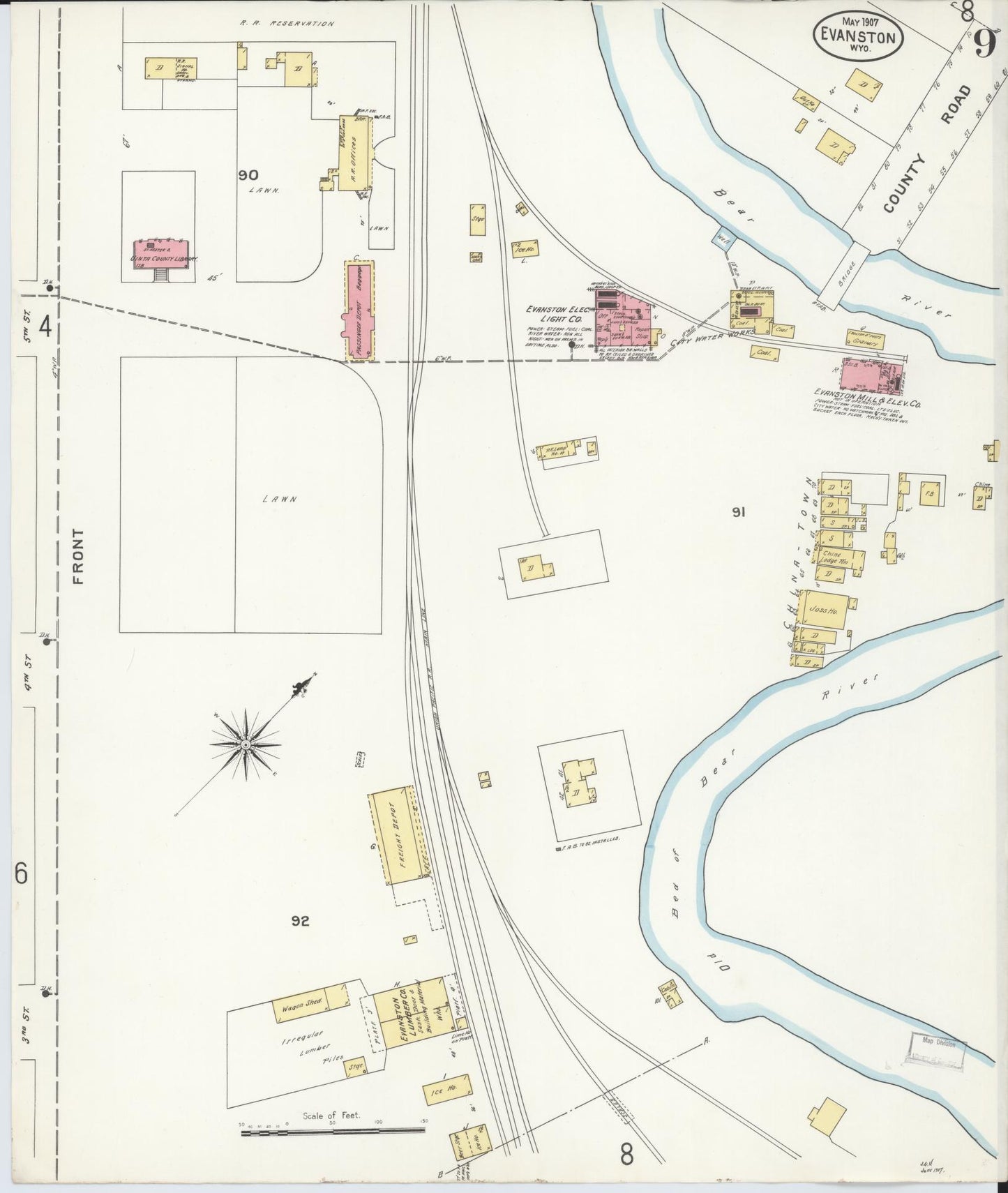 Sanborn Fire Insurance Map from Evanston, Uinta County, Wyoming (1907), Sheet #0009 - Complete Map Set gallery image, historic Sanborn map, vintage wall art, Wyoming Wyoming