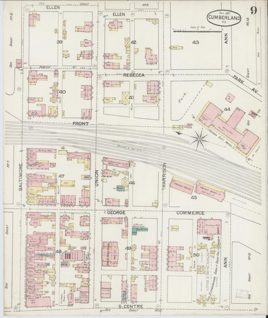 Sanborn Fire Insurance Map from Cumberland, Allegany County, Maryland (1887), Sheet #0009 - Historic Sanborn Fire Insurance Map Print, vintage old map wall art, antique decor, genealogy gift, Maryland Maryland map