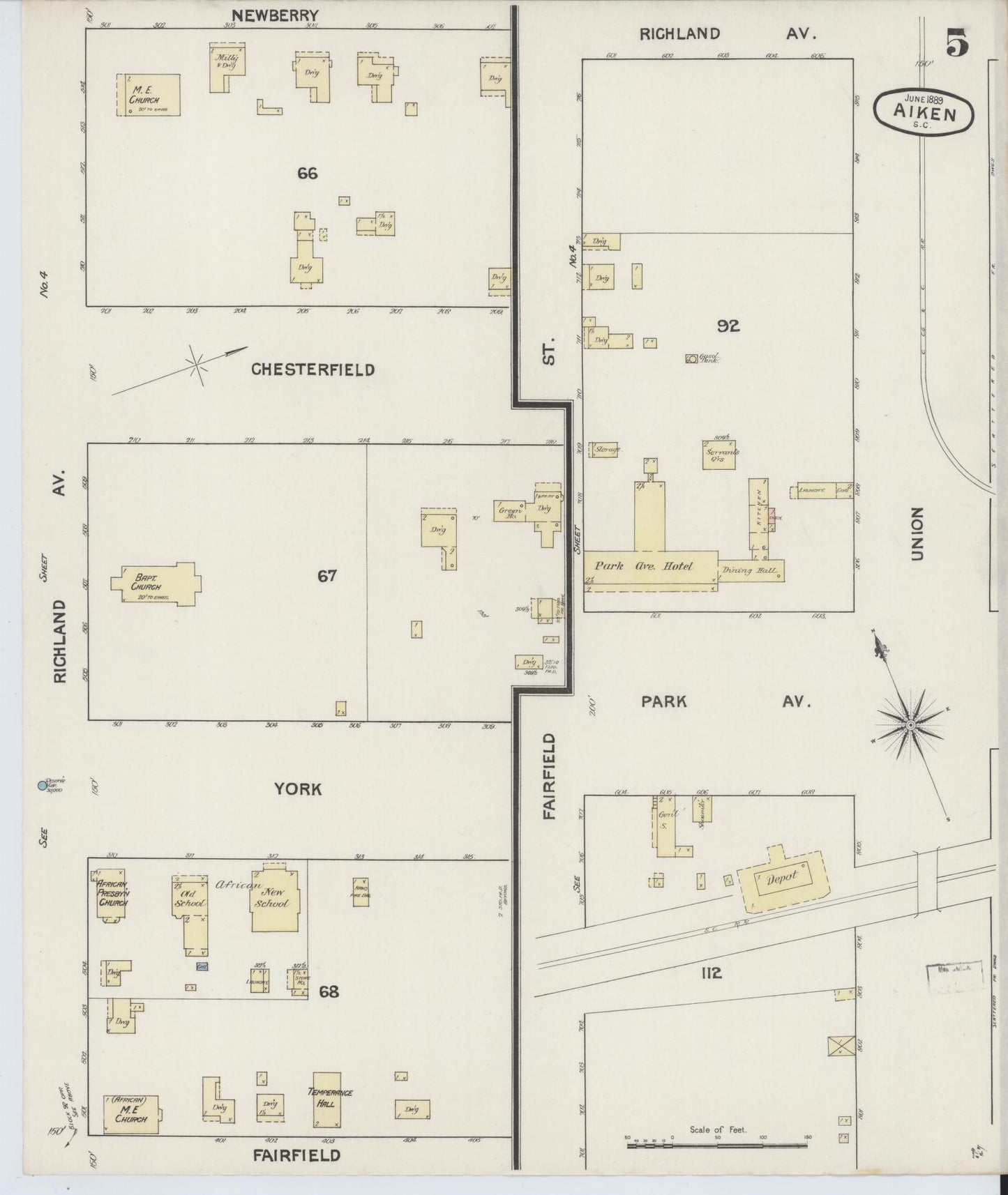 Sanborn Fire Insurance Map from Aiken, Aiken County, South Carolina (1889), Sheet #0005 - Historic Sanborn Fire Insurance Map Print, vintage old map wall art, antique decor, genealogy gift, South Carolina South Carolina map