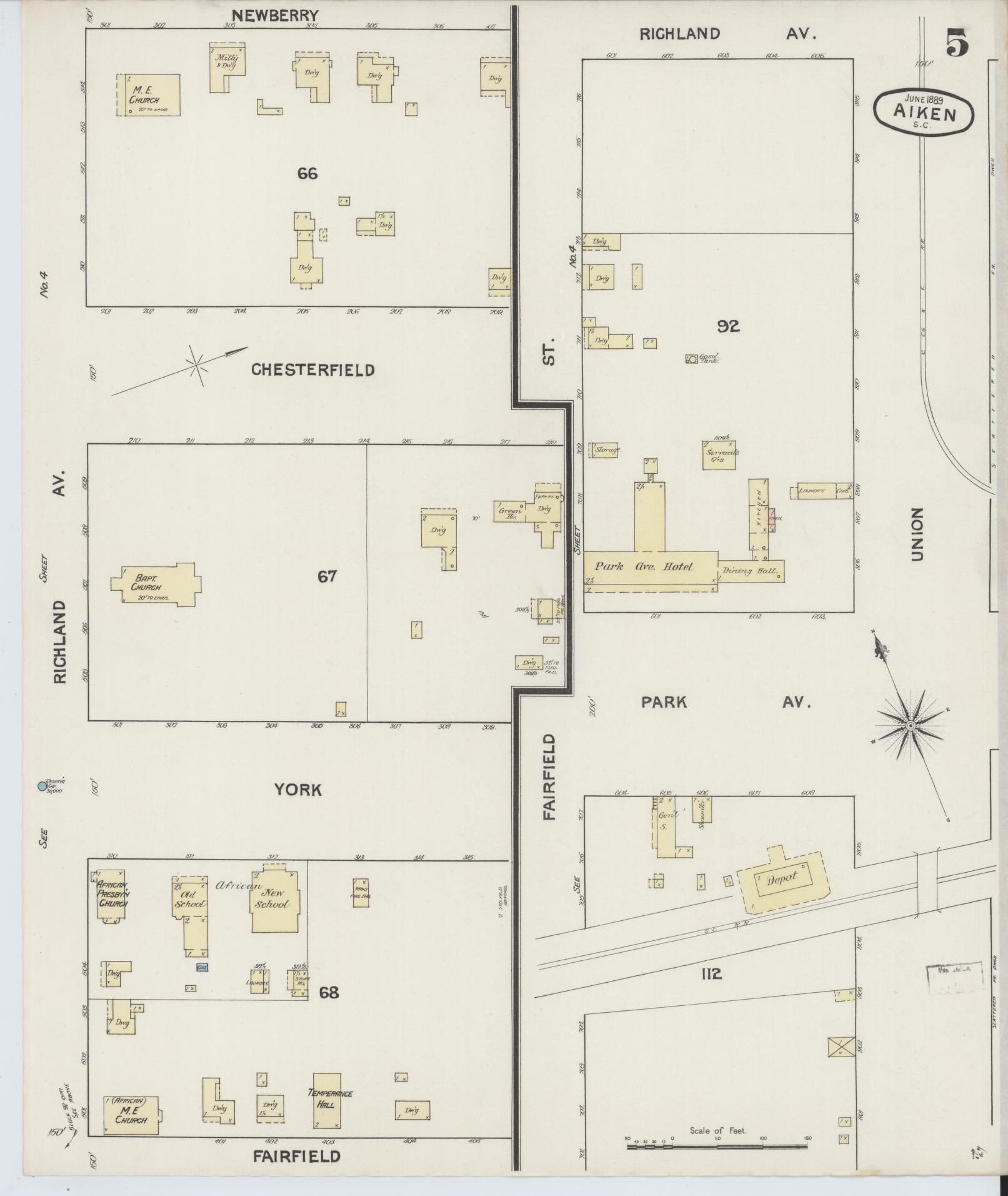Sanborn Fire Insurance Map from Aiken, Aiken County, South Carolina (1889), Sheet #0005 - Historic Sanborn Fire Insurance Map Print, vintage old map wall art, antique decor, genealogy gift, South Carolina South Carolina map