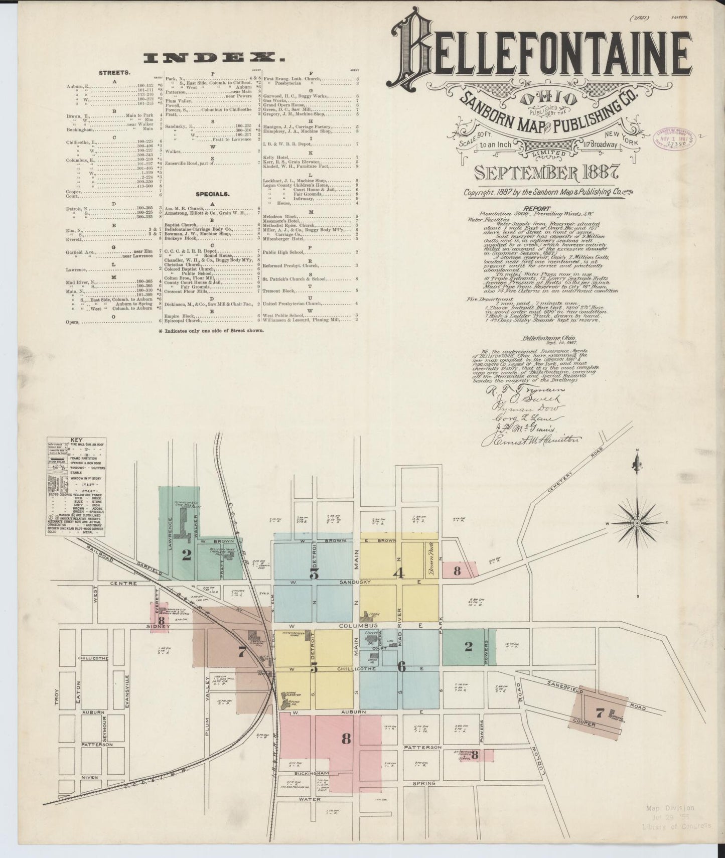 Sanborn Fire Insurance Map from Bellefontaine, Logan County, Ohio (1887), Sheet #0001 - Historic Sanborn Fire Insurance Map Print, vintage old map wall art, antique decor, genealogy gift, Ohio Ohio map