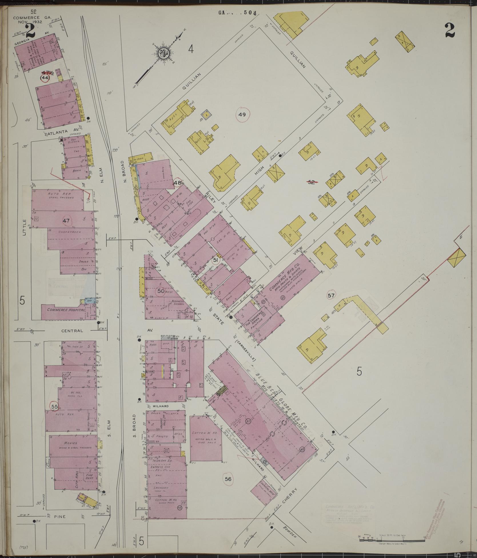 Sanborn Fire Insurance Map from Commerce, Jackson County, Georgia (1943), Sheet #0002 - Complete Map Set gallery image, historic Sanborn map, vintage wall art, Georgia Georgia