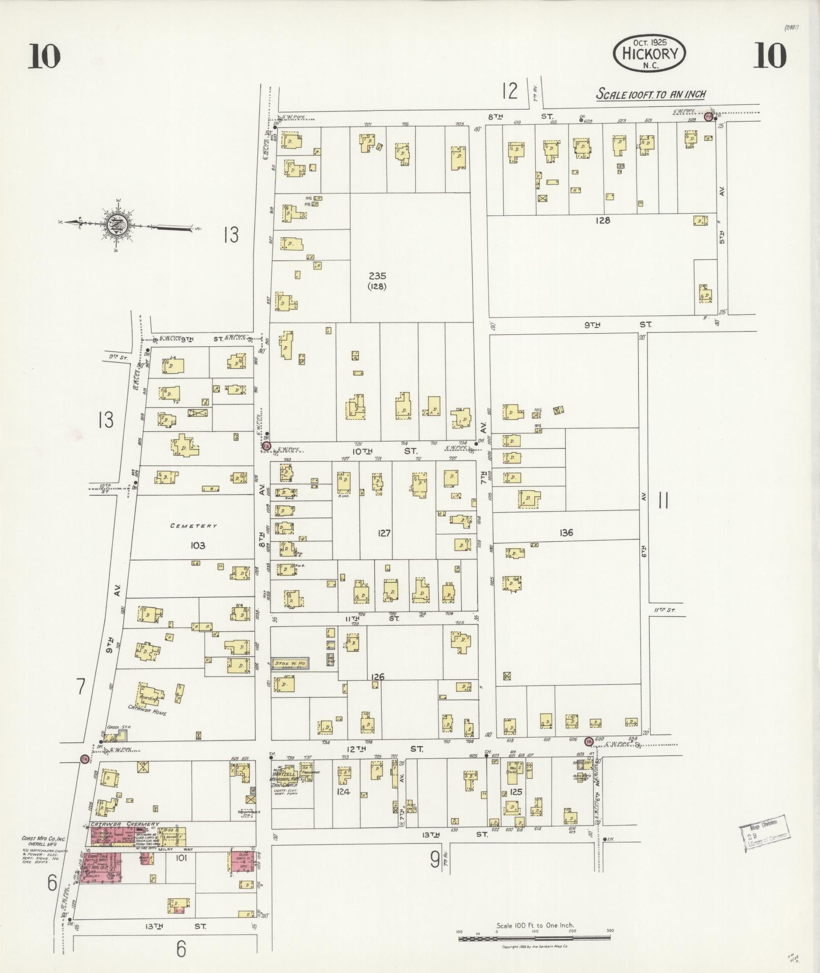 Sanborn Fire Insurance Map from Hickory, Catawba County, North Carolina (1925), Sheet #0010 - Complete Map Set gallery image, historic Sanborn map, vintage wall art, North Carolina North Carolina