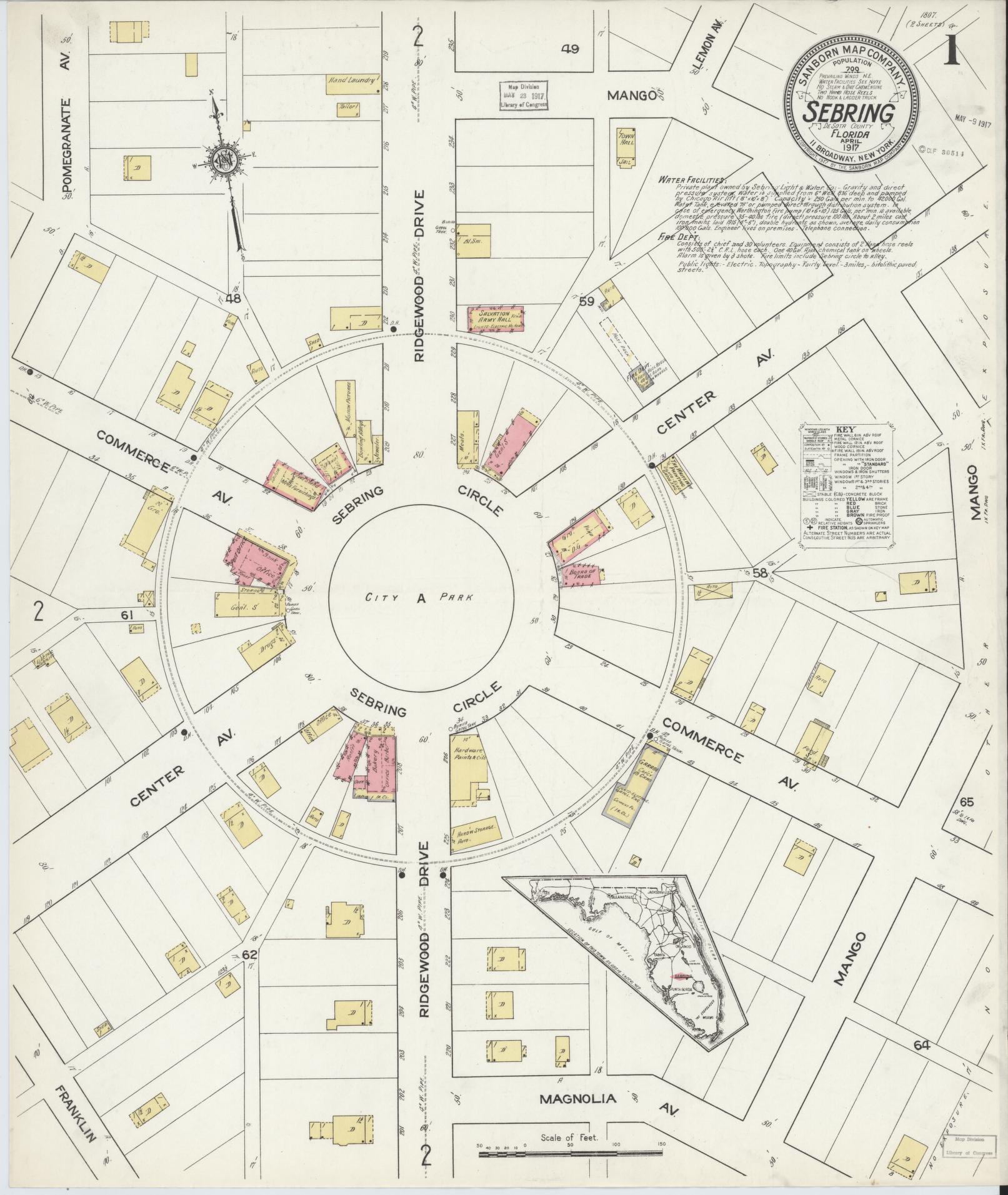 Sanborn Fire Insurance Map from Sebring, Highlands County, Florida (1917), Sheet #0001 - Complete Map Set gallery image, historic Sanborn map, vintage wall art, Florida Florida