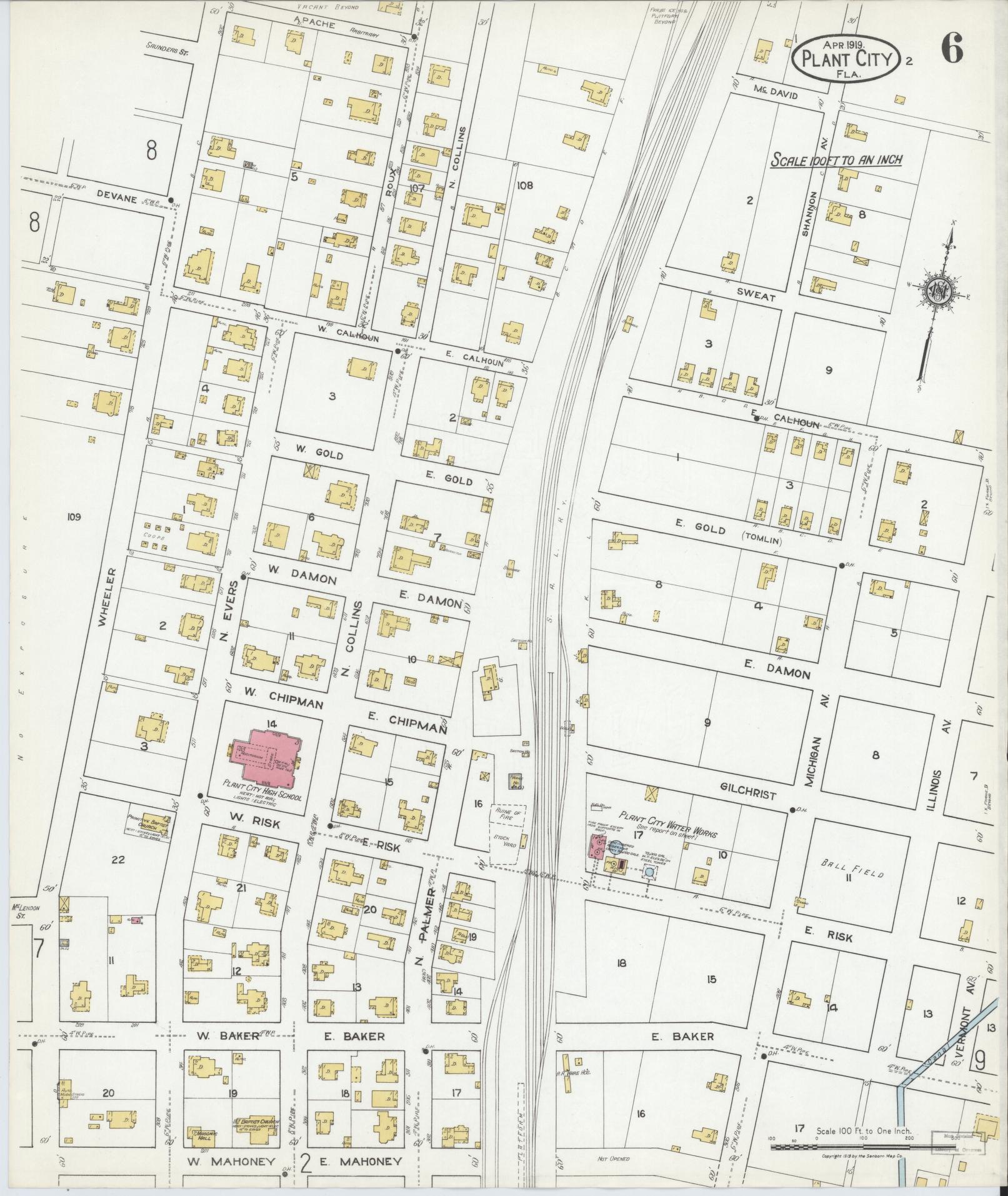 Sanborn Fire Insurance Map from Plant City, Hillborough County, Florida (1919), Sheet #0006 - Complete Map Set gallery image, historic Sanborn map, vintage wall art, Florida Florida