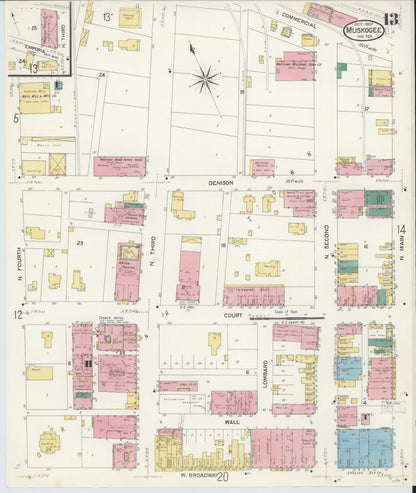Sanborn Fire Insurance Map from Muskogee, Muskogee County, Oklahoma (1907), Sheet #0013 - Complete Map Set gallery image, historic Sanborn map, vintage wall art, Oklahoma Oklahoma