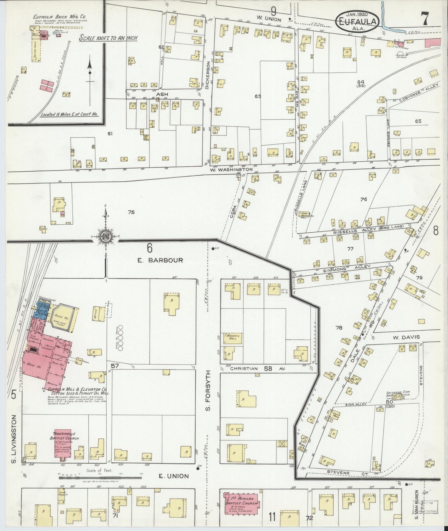 Sanborn Fire Insurance Map from Eufaula, Barbour County, Alabama (1920), Sheet #0007 - Historic Sanborn Fire Insurance Map Print, vintage old map wall art, antique decor, genealogy gift, Alabama Alabama map