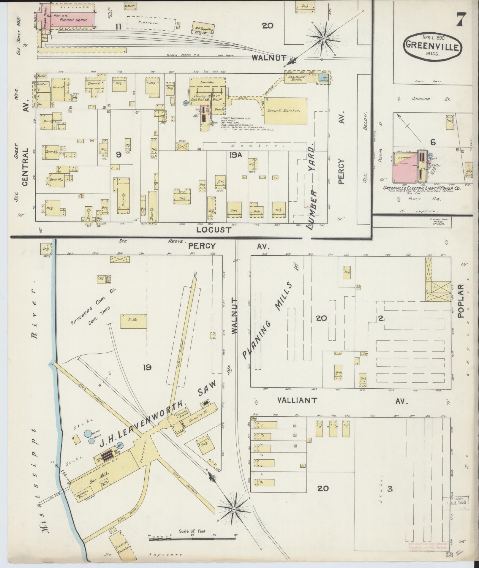 Sanborn Fire Insurance Map from Greenville, Washington County, Mississippi (1890), Sheet #0007 - Historic Sanborn Fire Insurance Map Print, vintage old map wall art, antique decor, genealogy gift, Mississippi Mississippi map