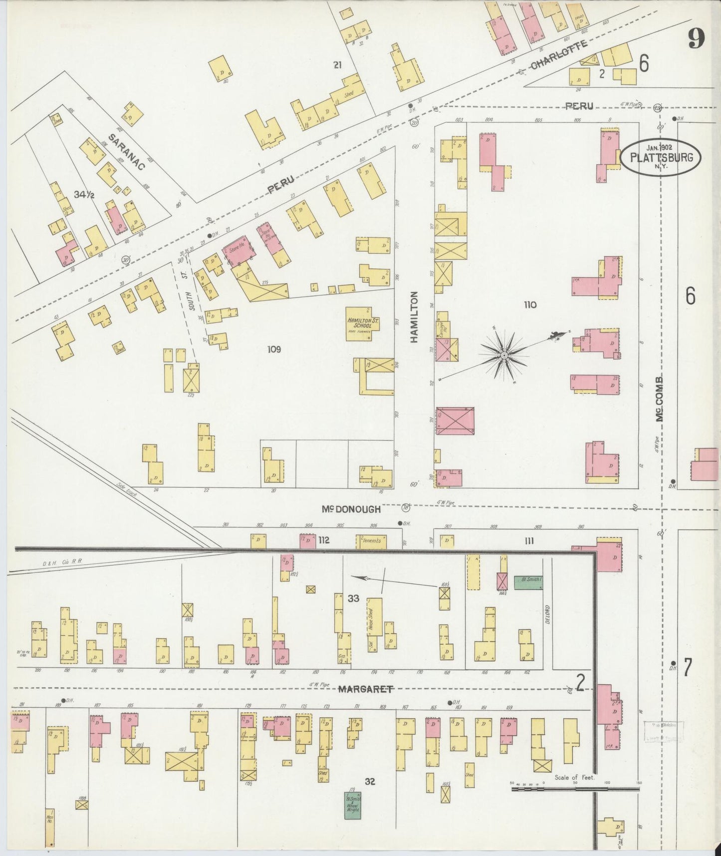 Sanborn Fire Insurance Map from Plattsburg, Clinton County, New York (1902), Sheet #0009 - Complete Map Set gallery image, historic Sanborn map, vintage wall art, New York New York