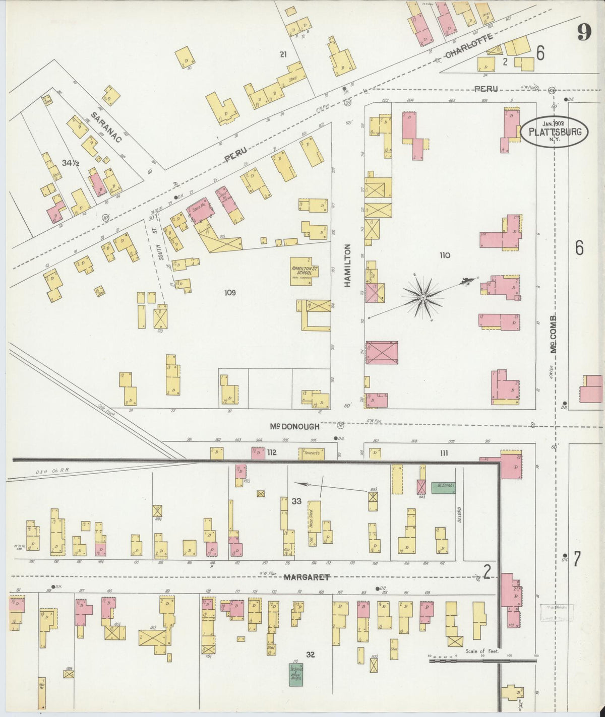 Sanborn Fire Insurance Map from Plattsburg, Clinton County, New York (1902), Sheet #0009 - Complete Map Set gallery image, historic Sanborn map, vintage wall art, New York New York