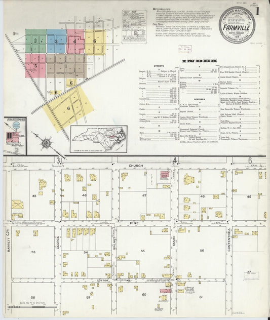 Sanborn Fire Insurance Map from Farmville, Pitt County, North Carolina (1915), Sheet #0001 - Historic Sanborn Fire Insurance Map Print, vintage old map wall art, antique decor, genealogy gift, North Carolina North Carolina map